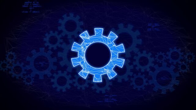 Wireframe gear icon with code snippets on dark background. Technical wireframe gear icon with code snippets for software engineering. Digital wireframe gear icon with code snippets.