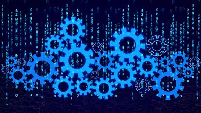 Cluster of blue gears against a digital matrix background. Mechanical cluster of blue gears against a digital matrix for tech infrastructure. Industrial cluster of blue gears against a digital matrix.