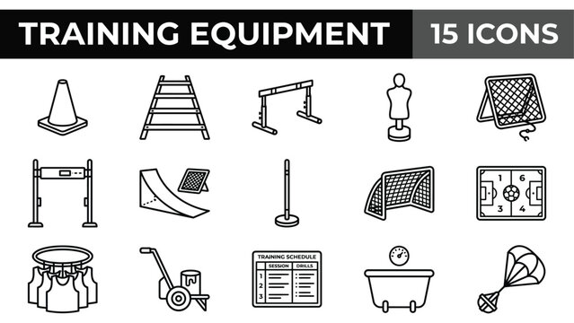 Sports Training Equipment Icons Set: Cones, Hurdles, Goals, and More
