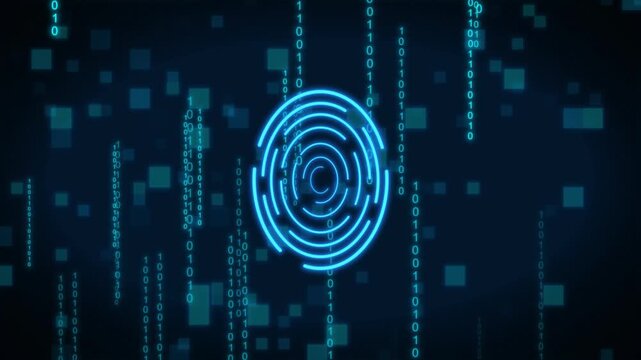 Glowing blue fingerprint icon surrounded by binary code. Biometric glowing blue fingerprint icon for high security systems. Cyber glowing blue fingerprint icon background.