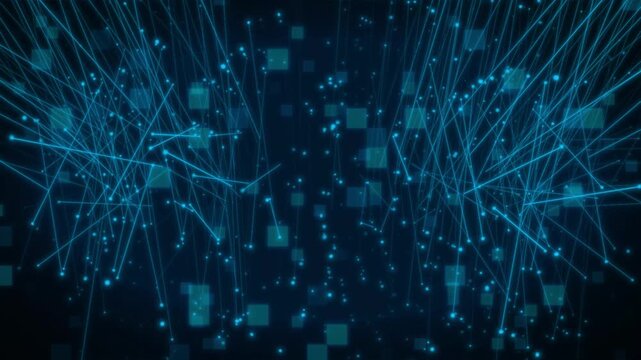 Interconnected blue lines and glowing particles forming a network. Complex interconnected blue lines and glowing particles for data communication. 