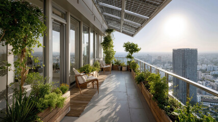 Obraz premium Modern balcony design with solar panels and greenery overlooking urban cityscape at sunset