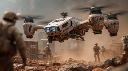 Fototapeta premium Futuristic military aircraft hovering over rocky terrain with soldiers in background