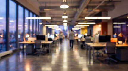 Fototapeta premium Blurred modern office interior workspace background corporate business environment bokeh lighting evening light desks computers professional setting