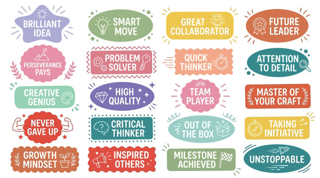 Set of 15 achievement and success badges for business and personal development, highlighting skills and accomplishments