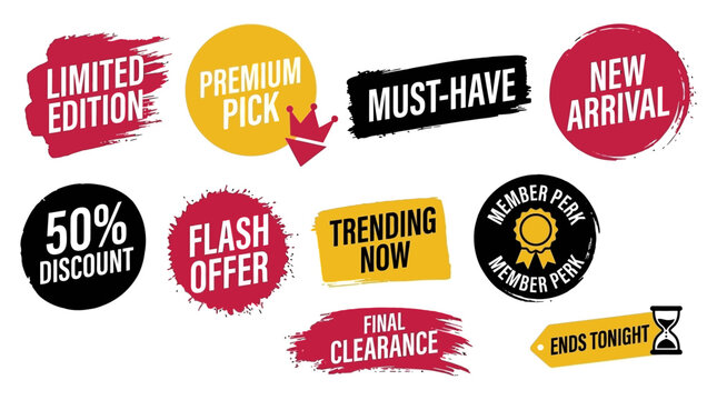 A diverse array of promotional marketing labels and badges designed to boost sales and attract customer attention for e-commerce and retail special offers