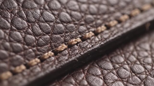 Extreme macro of dark brown pebbled leather featuring visible beige stitching. Elegant and high quality craftsmanship mood. Ideal for fashion, upholstery, or luxury product design backgrounds.