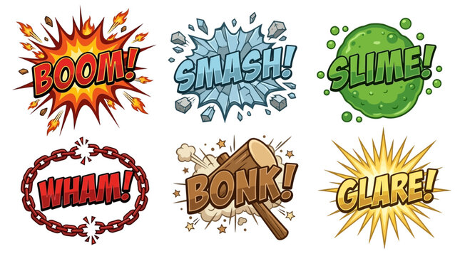 Comic Book Sound Effect Word Bubbles Set with Boom Smash Slime Wham Bonk and Glare Explosions