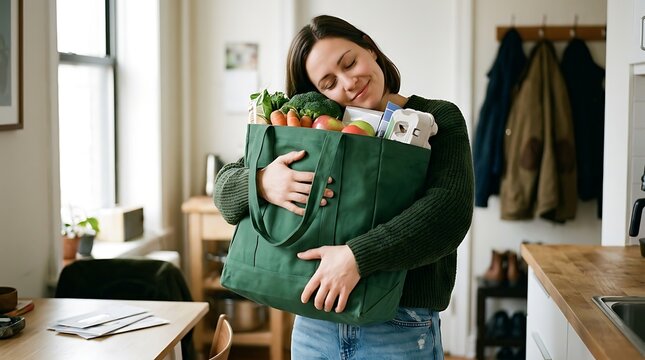 Woman Hugging Grocery Bag with Emotional Relief Inflation Budget 