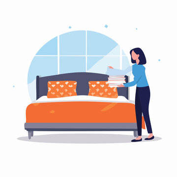 Woman making bed with clean sheets