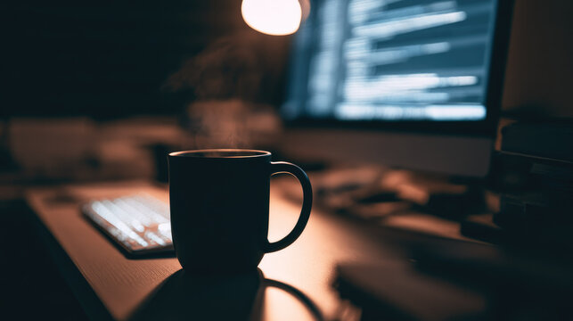 Coffee mug computer keyboard computer screen wooden desk dark room night work steam warm light backlight shadow