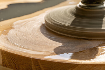 Obraz premium Polishing epoxy river table close up of rotary buffing machine on gray resin edge with wet paste, fine scratch, wood pore, natural light