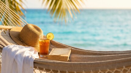 Obraz premium Relaxing tropical vacation scene with straw hat iced tea and book on hammock overlooking turquoise ocean for summer travel concept