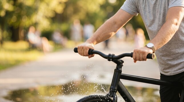 Young man riding bicycle through puddle in park splashing water drops during summer active lifestyle and outdoor recreation concept