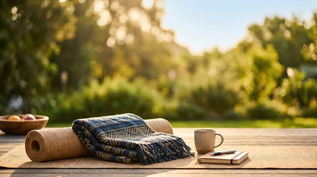 Outdoor Yoga Practice Setup with Mat Blanket and Journal for Mindful Morning Routine on Wooden Deck in Sunny Garden
