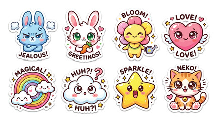 Fototapeta premium Cute Kawaii Geography Adventures Educational Sticker Sheet Featuring Travel Icons And Earth Illustrations.