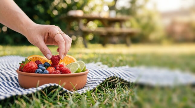 Young woman hand picking fresh raspberry from fruit bowl on picnic blanket in sunny park, healthy summer snack concept