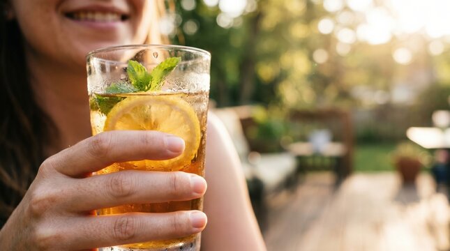Young woman holding refreshing iced tea with lemon and mint outdoors, summer lifestyle concept, relaxing beverage on a sunny patio