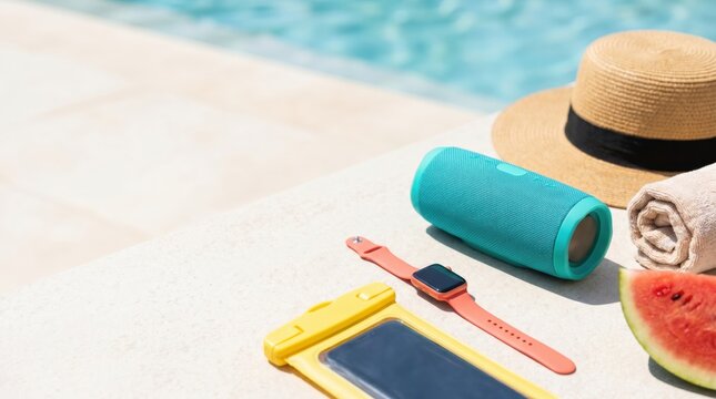Summer pool accessories flat lay with waterproof speaker smartwatch and phone pouch for vacation travel lifestyle concept