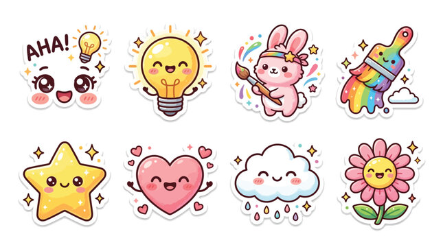 Cute Kawaii Stickers Featuring Bright Ideas, Creativity, and Positive Emotions.