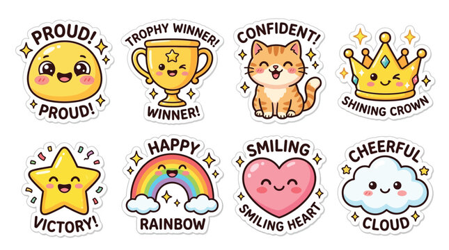 Collection of cute kawaii characters representing success, happiness, and positive emotions like pride and confidence.