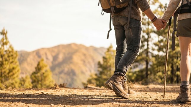 Young couple hiking together holding hands on mountain trail, active lifestyle concept, outdoor adventure travel with backpacks