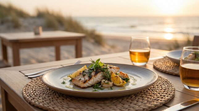 Grilled white fish fillet served with lemon and herbs on a beachside table at sunset for a romantic luxury vacation dining experience