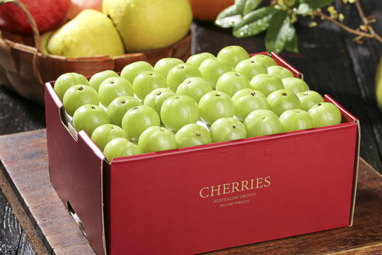 Fresh Green Cherries in Red Box Australian Grown Fruit Market Display