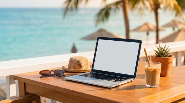 Digital nomad remote work setup with laptop on beach balcony, freelance lifestyle concept, tropical vacation office workspace with iced coffee and accessories