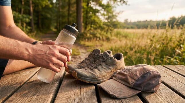 Active man resting on wooden trail bridge holding water bottle with hiking shoes and cap nearby for outdoor adventure concept