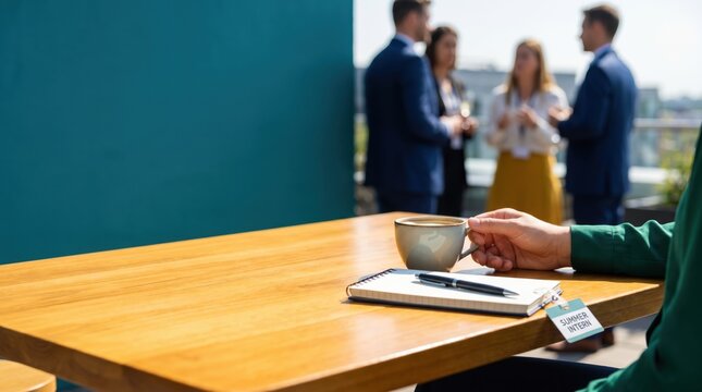 Summer Intern POV at Corporate Networking Event with Coffee and Notebook on Wooden Table, Young Professional Career Development Concept
