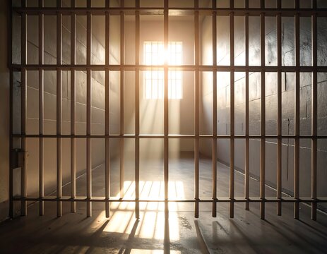 View of prison bars, blocking a cell interior. Bright light shines through barred window creating a dramatic scene with shadows