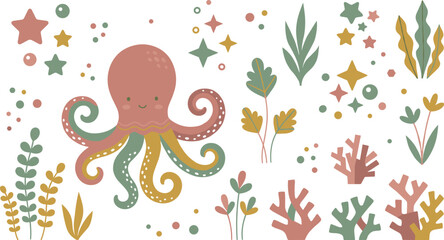 Boho Scandinavian Cute Octopus Vector Illustration Bundle with Seaweed, Coral Reef Elements, Starfish, and Pastel Magic Stars for Nursery Room Wallpaper Patterns © DabashChandra