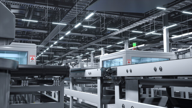 Solar panel factory with robotic arms placing PV modules on automation lines, 3D rendering of industrial building interior, Mass production facility producing solar cells for green energy industry.