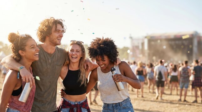 Group of diverse young adult friends laughing and having fun at an outdoor summer music festival with confetti and stage in background