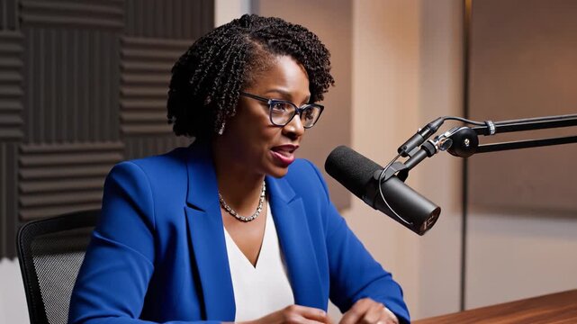 African American woman in blue blazer speaks into microphone in studio. Professional host recording podcast with expressive gestures. Ideal for broadcasting and media marketing content.