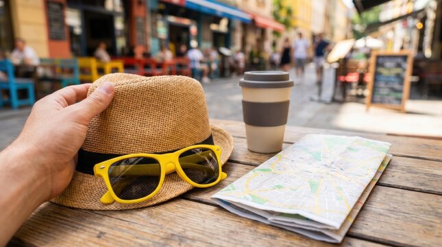 POV of a tourist traveler holding a straw hat and map at an outdoor cafe table in a European city street for summer vacation planning