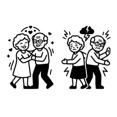 Fototapeta premium Happy Elderly Couple Dancing vs. Angry Senior Couple Arguing