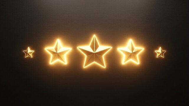 Three stars rating animation with glowing light effect on dark textured background, 3 out of 5 stars customer feedback and review concept.