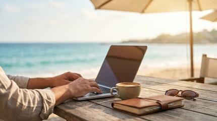 Digital nomad working on laptop at beach cafe table with coffee and notebook, remote work lifestyle concept, male freelancer typing on computer outdoors © MT
