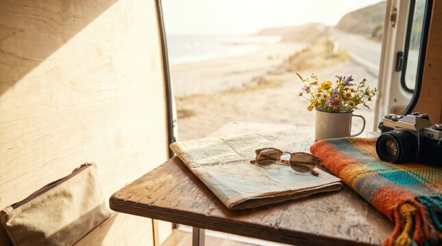 Vanlife travel concept with map and camera on wooden table inside camper van overlooking scenic beach at sunset for nomadic lifestyle and road trip adventure