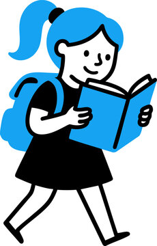 A cute cartoon illustration of a young schoolgirl with a ponytail, wearing a backpack and walking while reading an open blue book, isolated on white background