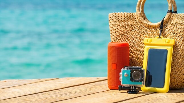 Beach vacation essentials with waterproof phone case action camera and portable speaker on wooden deck for summer travel concept