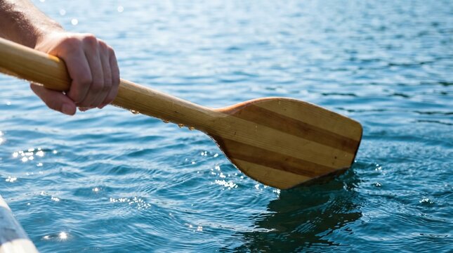 Close up of a person hand holding a wooden paddle while canoeing on calm blue lake water for summer outdoor recreation and travel