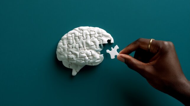 Hand places final puzzle piece onto brain-shaped jigsaw. Dark-skinned hand gently completes thought process. Teal background emphasizes focus and clarity. Symbolizes problem-solving, learning