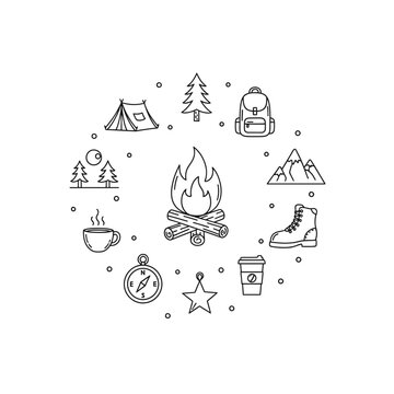 Hand drawn doodle camping icons arranged in a circle with bonfire in center.
