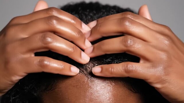 Close up hands massaging oil into dark curly hair. A self care routine focusing on scalp health and hair growth. Ideal for beauty tutorials and wellness advertisements.