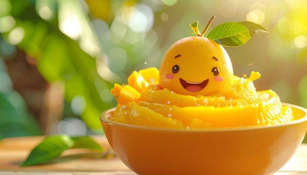 Animated mango character emerging from a bowl of mango puree, sunny outdoor scene