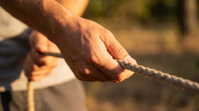 Close up of a Caucasian man hands pulling a thick rough rope outdoors representing teamwork effort and physical strength in a challenge