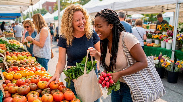 Two happy women laughing at a farmers market selecting fresh produce and flowers